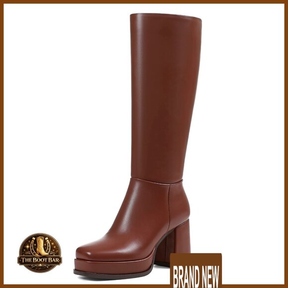 Knee High Platform Boots Square Toe Chunky Heel Vegan Leather Side Zipper